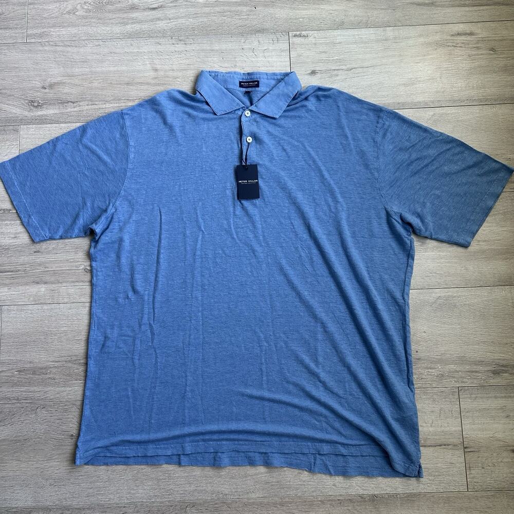 Peter Millar Crown Crafted 100% Linen XXL Blue Polo Shirt 3-Button ($180!!!)